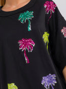 WOMEN'S SHORT SLEEVE SEQUINS GRAPHIC HIGH-LOW OVERSIZED SHIRT
