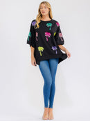 WOMEN'S SHORT SLEEVE SEQUINS GRAPHIC HIGH-LOW OVERSIZED SHIRT
