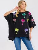 WOMEN'S SHORT SLEEVE SEQUINS GRAPHIC HIGH-LOW OVERSIZED SHIRT
