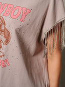 WOMEN'S SHORT SLEEVE STUDS FRINGE GRAPHIC TOP