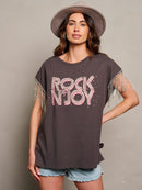 WOMEN'S SHORT SLEEVE STUDS FRINGE GRAPHIC TOP