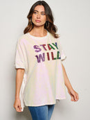 WOMEN'S SHORT SLEEVE STAY WILD SEQUINS GRAPHIC BLOUSE TOP