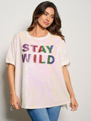 WOMEN'S SHORT SLEEVE STAY WILD SEQUINS GRAPHIC BLOUSE TOP