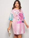 WOMEN'S SHORT SEQUINS SLEEVE HIGH-LOW METALLIC GRAPHIC MINI DRESS