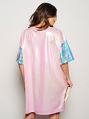 WOMEN'S SHORT SEQUINS SLEEVE HIGH-LOW METALLIC GRAPHIC MINI DRESS
