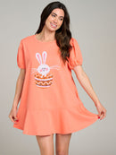 WOMEN'S SHORT PUFF SLEEVE RUFFLE BOTTOM HEM GRAPHIC FRONT POCKETS MINI DRESS
