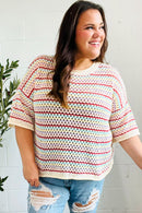 Stand Out Oatmeal & Lavender Stripe Netted Crochet Sweater Top (Open Pack)
