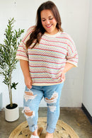 Stand Out Oatmeal & Lavender Stripe Netted Crochet Sweater Top (Open Pack)