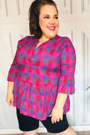 Back To Basics Fuchsia Plaid Notched Neck Babydoll Top (Open Pack)