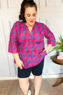 Back To Basics Fuchsia Plaid Notched Neck Babydoll Top (Open Pack)