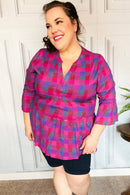 Back To Basics Fuchsia Plaid Notched Neck Babydoll Top (Open Pack)