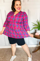 Back To Basics Fuchsia Plaid Notched Neck Babydoll Top (Open Pack)