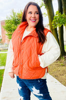Weekend Ready Rust High Neck Snap Button Quilted Puffer Vest (Open Pack)