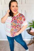 Always Fun Ivory & Fuchsia Stripe and Crochet Print Top (Open Pack)