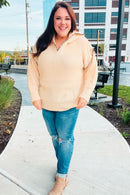 The Perfect Day Oatmeal Notched Neck Contrast Stitch Knit Hoodie (Open Pack)