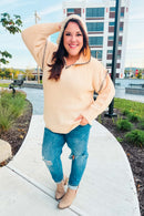 The Perfect Day Oatmeal Notched Neck Contrast Stitch Knit Hoodie (Open Pack)