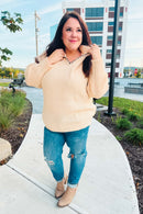The Perfect Day Oatmeal Notched Neck Contrast Stitch Knit Hoodie (Open Pack)