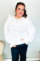 Eyes On You Ivory Ribbon Tie Bow Square Neck Ruffle Bubble Sleeve Blouse (Open Pack)