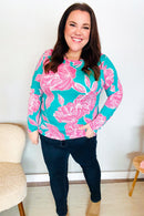 Find Love Aqua/Pink Fitted Floral Print Buttery Soft Knit Top (Open Pack)