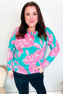 Find Love Aqua/Pink Fitted Floral Print Buttery Soft Knit Top (Open Pack)