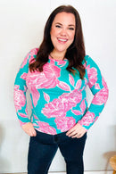 Find Love Aqua/Pink Fitted Floral Print Buttery Soft Knit Top (Open Pack)