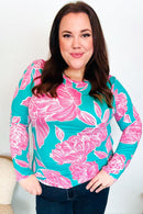 Find Love Aqua/Pink Fitted Floral Print Buttery Soft Knit Top (Open Pack)
