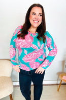 Find Love Aqua/Pink Fitted Floral Print Buttery Soft Knit Top (Open Pack)