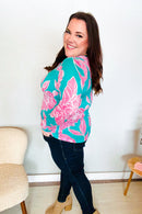 Find Love Aqua/Pink Fitted Floral Print Buttery Soft Knit Top (Open Pack)