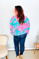 Find Love Aqua/Pink Fitted Floral Print Buttery Soft Knit Top (Open Pack)