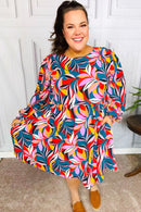 Perfectly You Teal Abstract Print Smocked Cuff Bubble Sleeve Dress (Open Pack)