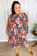 Perfectly You Teal Abstract Print Smocked Cuff Bubble Sleeve Dress (Open Pack)