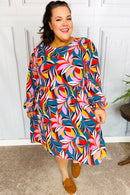Perfectly You Teal Abstract Print Smocked Cuff Bubble Sleeve Dress (Open Pack)
