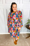 Perfectly You Teal Abstract Print Smocked Cuff Bubble Sleeve Dress (Open Pack)