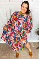 Perfectly You Teal Abstract Print Smocked Cuff Bubble Sleeve Dress (Open Pack)