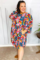 Perfectly You Teal Abstract Print Smocked Cuff Bubble Sleeve Dress (Open Pack)