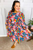 Perfectly You Teal Abstract Print Smocked Cuff Bubble Sleeve Dress (Open Pack)
