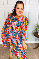 Perfectly You Teal Abstract Print Smocked Cuff Bubble Sleeve Dress (Open Pack)