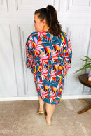 Perfectly You Teal Abstract Print Smocked Cuff Bubble Sleeve Dress (Open Pack)