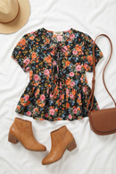 Black Floral Bow Top