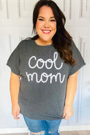 Take A Bow Charcoal "Cool Mom" Embroidery Pop-Up Rib Dolman Top (Open Pack)