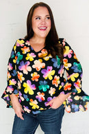 Be Bold Black Floral Hi-Lo Ruffle Sleeve Woven Top (Open Pack)
