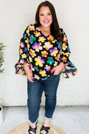 Be Bold Black Floral Hi-Lo Ruffle Sleeve Woven Top (Open Pack)