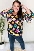 Be Bold Black Floral Hi-Lo Ruffle Sleeve Woven Top (Open Pack)