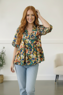Green Floral Puff Woven Blouse