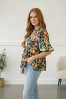 Green Floral Puff Woven Blouse