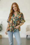 Green Floral Puff Woven Blouse