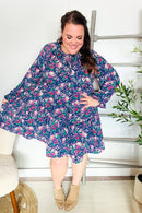 Feeling Joyful Navy Floral Bow Tie Babydoll Long Ruffle Sleeve Dress (Open Pack)
