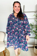 Feeling Joyful Navy Floral Bow Tie Babydoll Long Ruffle Sleeve Dress (Open Pack)