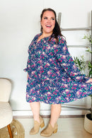 Feeling Joyful Navy Floral Bow Tie Babydoll Long Ruffle Sleeve Dress (Open Pack)