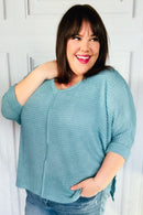 Just My Type Dusty Teal Jacquard Hi-Low V Neck Sweater (Open Pack)